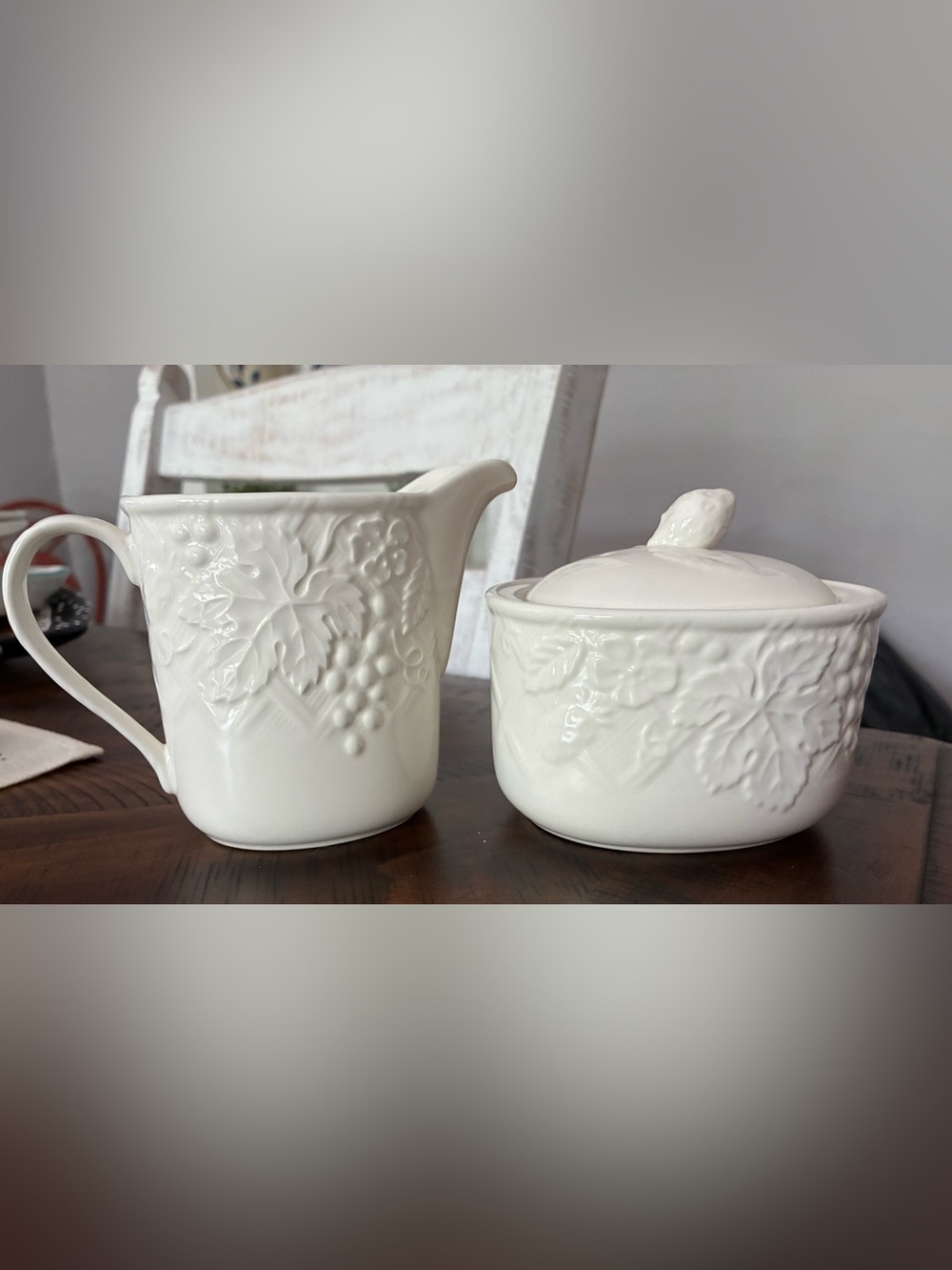 Mikasa English Countryside embossed grape and vine creamer and sugar bowl.